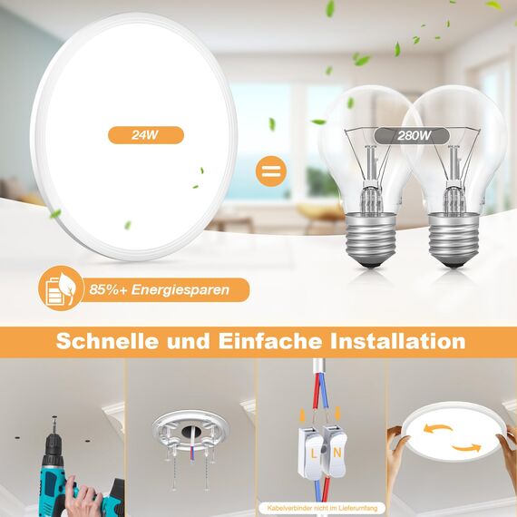 Deckenlampe Led Deckenleuchte Dimmbar mit Fernbedienung - 24W 2400LM Ø30cm H2.4cm Rund Flach LED Panel Decke Lampe für Schlafzimmer Badezimmer Küche Wohnzimmer Kinderzimmer 3000K-6500K IP44 Ultra Dünn