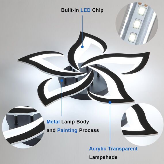 Comely Deckenlampe, LED Deckenleuchte 60W 6750lm, Kaltes Weiß 6500K Moderne Blütenblatt Design Deckenlampe für Wohnzimmer Küche Schlafzimmer Esszimmer, Dia 60cm,Schwarz