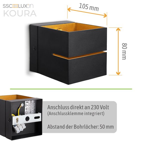 SSC-LUXon 2 Stück KOURA indirekte Wandleuchte Innen schwarz mit Lichtschlitz - Wandlampe Gold Design Up Down Leuchte für 1x G9 Leuchtmittel LED Wandbeleuchtung Treppenhaus Flur