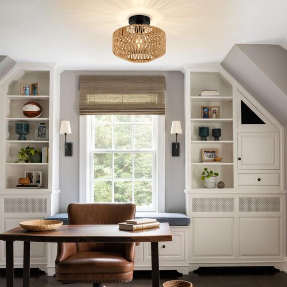 Rayofly Deckenleuchte aus Rattan Pendelleuchte Boho mit Rattanschirm im Vintage Stil Bambus, Rustic Deckenleuchte aus Rattan, für Wohnzimmer, Schlafzimmer, Küche, Flur