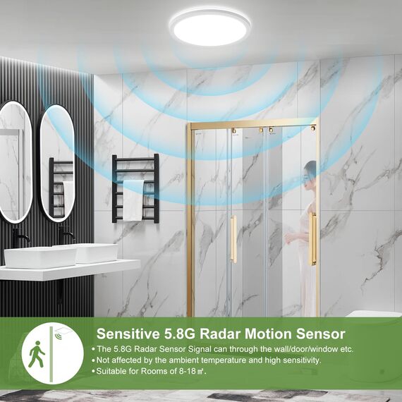 LEZOE Dimmbar LED Deckenleuchte mit Bewegungsmelder, 18W 2000LM Radar LED Deckenlampe Dimmbar, 3000K/4500K/6500K IP54 Sensorlampe Für Badezimmer, Garage, Treppen, Keller, Flur, Balkon, Diele 22CM