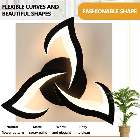 Comely Deckenlampe LED Wohnzimmer, 58cm 36W 4000LM LED Lampen Deckenleuchte, Moderne Blütenblatt Design Lampen für Wohnzimmer Küche Schlafzimmer Esszimmer, 3000K Warmweißes Licht, Schwarz