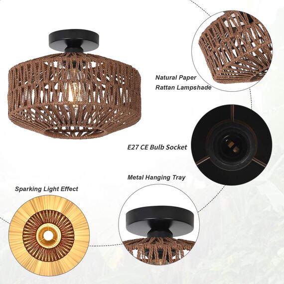 Rayofly Dunkel Braun Rattan Deckenlampe, Boho Deckenleuchte Mit Lampenschirm, Vintage Bambus Lampe, Rustikal Leuchte für Wohnzimmer, Korb Lampe für Schlafzimmer, Küche, Flur