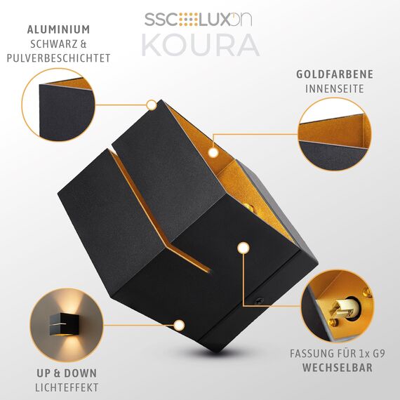 SSC-LUXon 2 Stück KOURA indirekte Wandleuchte Innen schwarz mit Lichtschlitz - Wandlampe Gold Design Up Down Leuchte für 1x G9 Leuchtmittel LED Wandbeleuchtung Treppenhaus Flur