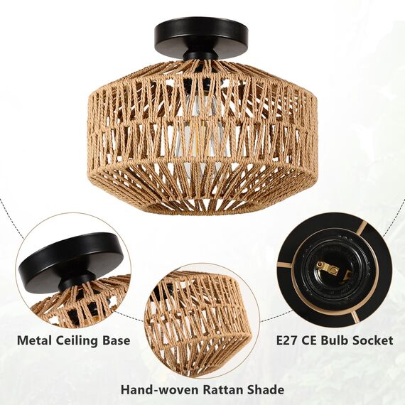 Rayofly Deckenleuchte aus Rattan Pendelleuchte Boho mit Rattanschirm im Vintage Stil Bambus, Rustic Deckenleuchte aus Rattan, für Wohnzimmer, Schlafzimmer, Küche, Flur