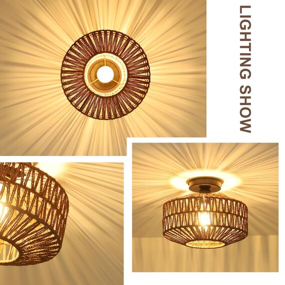 Rayofly Dunkel Braun Rattan Deckenlampe, Boho Deckenleuchte Mit Lampenschirm, Vintage Bambus Lampe, Rustikal Leuchte für Wohnzimmer, Korb Lampe für Schlafzimmer, Küche, Flur