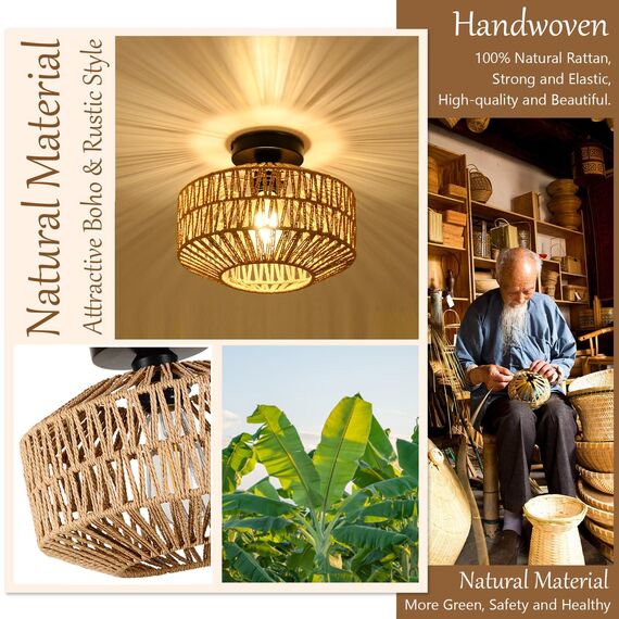 Rayofly Deckenleuchte aus Rattan Pendelleuchte Boho mit Rattanschirm im Vintage Stil Bambus, Rustic Deckenleuchte aus Rattan, für Wohnzimmer, Schlafzimmer, Küche, Flur