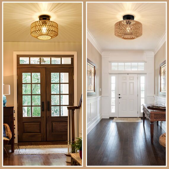 Rayofly Deckenleuchte aus Rattan Pendelleuchte Boho mit Rattanschirm im Vintage Stil Bambus, Rustic Deckenleuchte aus Rattan, für Wohnzimmer, Schlafzimmer, Küche, Flur