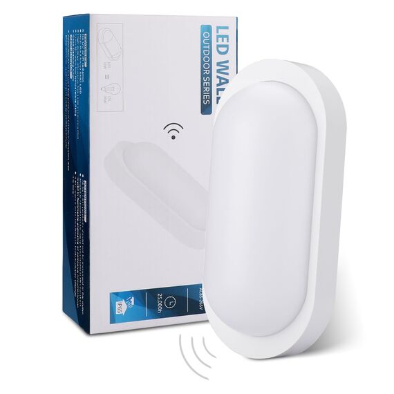 Oraymin LED Wandleuchte Kellerlampe mit Bewegungsmelder Innen, 12W IP65 LED Wandlampe 1080LM, Feuchtraumleuchte Oval für Diele Garage Flur Balkon Treppe Carport Keller, 4000K, Weiß