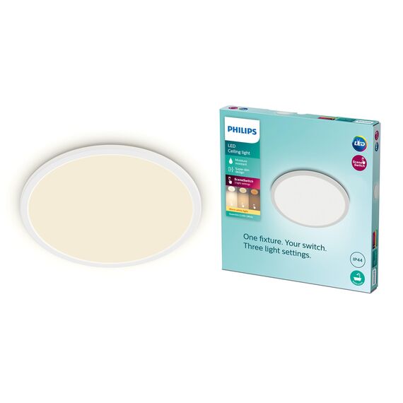 Philips LED Badezimmer Deckenleuchte Superslim (18 W), 3 Lichteinstellungen, warmweißes Licht, dimmen ohne Dimmer, IP44 Schutz, weiß, 30cm