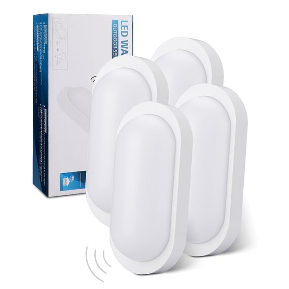 Oraymin 4 Stücke LED Wandleuchte Kellerlampe mit Bewegungsmelder Innen, 12W IP65 LED Wandlampe 1080LM, Feuchtraumleuchte Oval für Diele Garage Flur Balkon Treppe Carport Keller, 4000K, Weiß