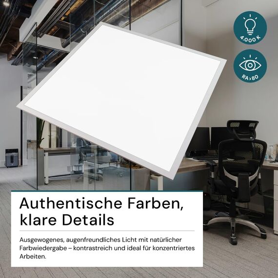 ENOVALITE LED Panel, Deckenleuchte, 62x62cm, 3600lm, 4000K, 36W, inkl. Trafo, Rasterleuchten, Einlegeleuchte, Büroleuchten (ohne Aufbaurahmen, 6 Stück)