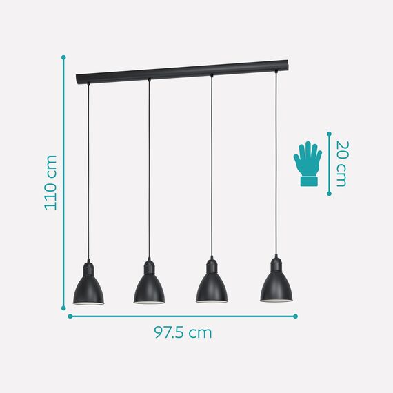 EGLO Pendellampe Priddy, 4 flammige Vintage Pendelleuchte im Industrial Design, Retro Hängelampe aus Stahl, Farbe: Schwarz, weiß, Fassung: E27