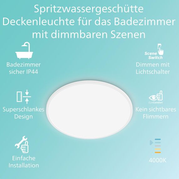 Philips LED Badezimmer Deckenleuchte Superslim (15 W), 3 Lichteinstellungen, kaltweiß Licht, dimmen ohne Dimmer, IP44 Schutz, weiß, 25cm