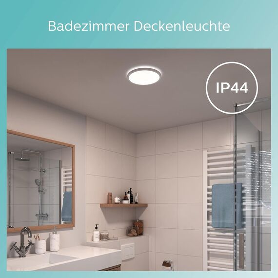Philips LED Badezimmer Deckenleuchte Superslim (15 W), 3 Lichteinstellungen, kaltweiß Licht, dimmen ohne Dimmer, IP44 Schutz, weiß, 25cm, 2er Pack