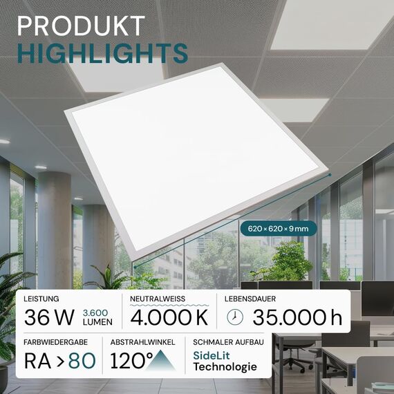 ENOVALITE LED Panel, Deckenleuchte, 62x62cm, 3600lm, 4000K, 36W, inkl. Trafo, Rasterleuchten, Einlegeleuchte, Büroleuchten (ohne Aufbaurahmen, 6 Stück)