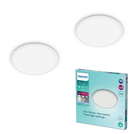 Philips LED Badezimmer Deckenleuchte Superslim (15 W), 3 Lichteinstellungen, kaltweiß Licht, dimmen ohne Dimmer, IP44 Schutz, weiß, 25cm, 2er Pack