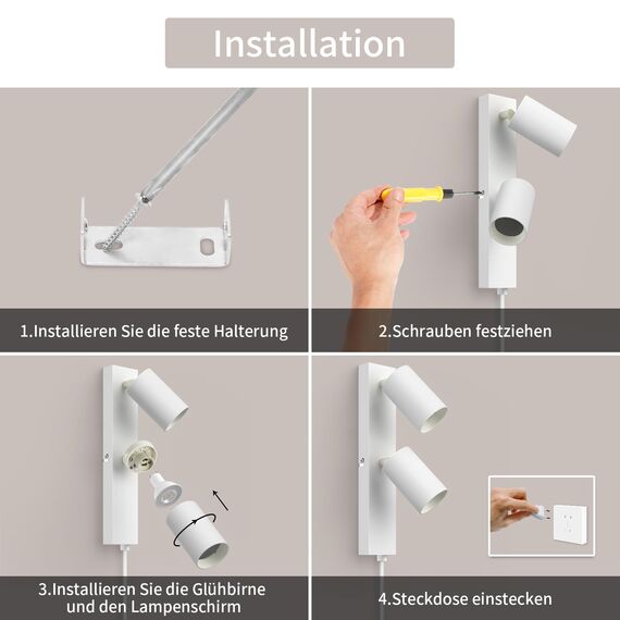 TaFiCo Wandleuchte mit Stecker und Kabel 2 Flammig Weiß GU10 - Wandlampe mit Schalter und Stecker Drehbar 350° Moderne für Schlafzimmer Wohnzimmer Korridor - Ohne Leuchtmittel