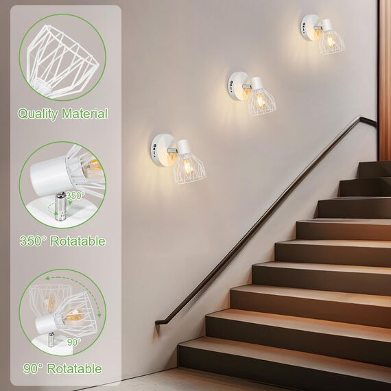 Kimjo E14 Akku Wandleuchte Innen, Weiß Wiederaufladbare Wandleuchte Ohne Stromanschluss, Dimmbare Batterie Wandlampe mit Glühbirne, Wandstrahler mit Timerfunktion für Schlafzimmer Wohnzimmer Flur