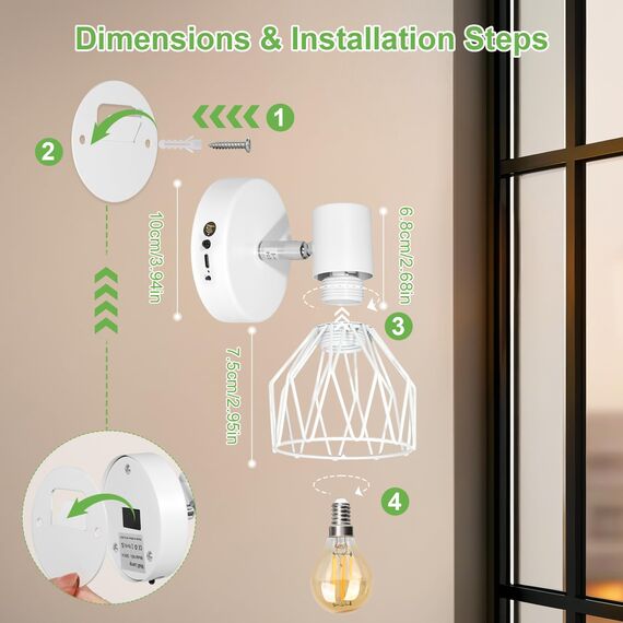 Kimjo E14 Akku Wandleuchte Innen, Weiß Wiederaufladbare Wandleuchte Ohne Stromanschluss, Dimmbare Batterie Wandlampe mit Glühbirne, Wandstrahler mit Timerfunktion für Schlafzimmer Wohnzimmer Flur