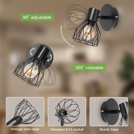 Kimjo Wandlampe mit Schalter und Stecker - Wandleuchte mit Schalter Schwarz Wandlampe mit Stecker Innen Drehbare - E14 Wandstrahler Schlafzimmer Wandlampe Wohnzimmer Wandspot Ohne Leuchtmittel