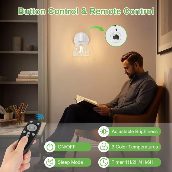 Kimjo E14 Akku Wandleuchte Innen, Weiß Wiederaufladbare Wandleuchte Ohne Stromanschluss, Dimmbare Batterie Wandlampe mit Glühbirne, Wandstrahler mit Timerfunktion für Schlafzimmer Wohnzimmer Flur