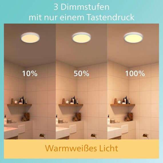 Philips LED Badezimmer Deckenleuchte Superslim (18 W), 3 Lichteinstellungen, warmweißes Licht, dimmen ohne Dimmer, IP44 Schutz, weiß, 30cm