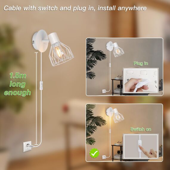 Kimjo Wandlampe mit Schalter und Stecker - E14 Wandlampe mit Stecker Weiß - Schlafzimmer Wandstrahler Innen Wandspot Ohne Leuchtmittel