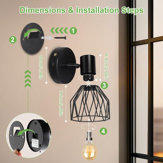 Kimjo E14 Akku Wandleuchte Innen, Schwarz Wiederaufladbare Wandleuchte Ohne Stromanschluss, Dimmbare Batterie Wandlampe mit Glühbirne, Wandstrahler mit Timerfunktion für Schlafzimmer Wohnzimmer Flur