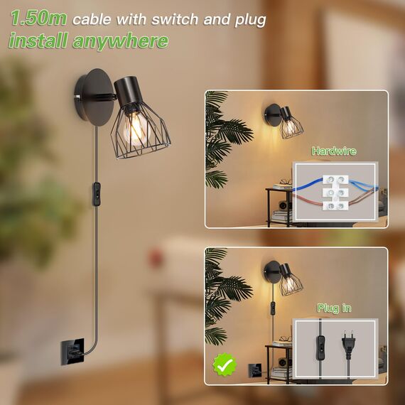Kimjo Wandlampe mit Schalter und Stecker - Wandleuchte mit Schalter Schwarz Wandlampe mit Stecker Innen Drehbare - E14 Wandstrahler Schlafzimmer Wandlampe Wohnzimmer Wandspot Ohne Leuchtmittel