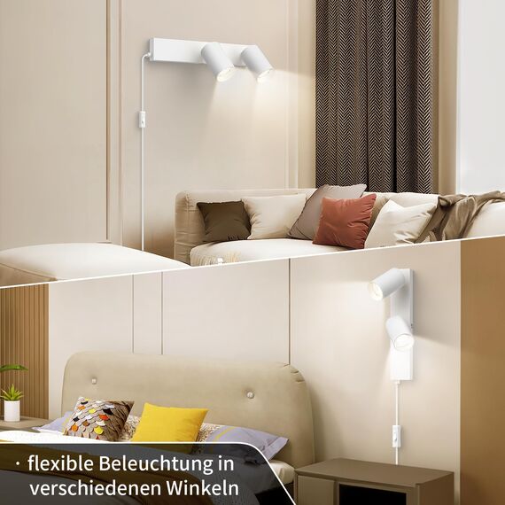 TaFiCo Wandleuchte mit Stecker und Kabel 2 Flammig Weiß GU10 - Wandlampe mit Schalter und Stecker Drehbar 350° Moderne für Schlafzimmer Wohnzimmer Korridor - Ohne Leuchtmittel