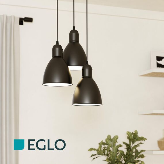 EGLO Pendellampe Priddy, 3 flammige Vintage Pendelleuchte im Industrial Design, Retro Hängelampe aus Stahl, Farbe: Schwarz, weiß, Fassung: E27