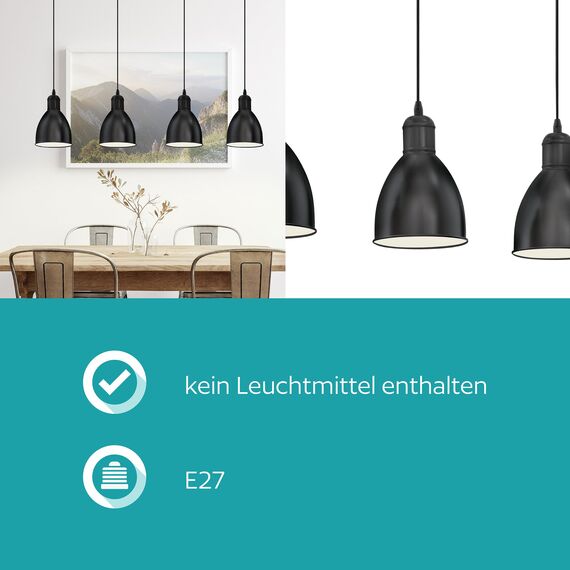 EGLO Pendellampe Priddy, 4 flammige Vintage Pendelleuchte im Industrial Design, Retro Hängelampe aus Stahl, Farbe: Schwarz, weiß, Fassung: E27