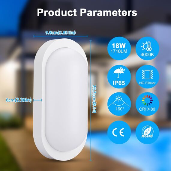 Oraymin LED Kellerlampe 18W 1710LM Wandleuchte, IP65 LED Feuchtraumleuchte Oval, 4000K Neutralweiß Wandlampe Deckenleuchte Deckenlampe für Treppe Flur Keller Garten WC Garage