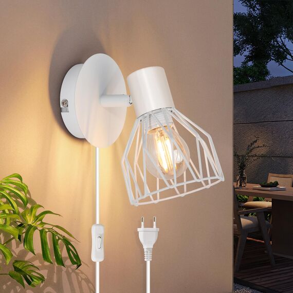 Kimjo Wandlampe mit Schalter und Stecker - E14 Wandlampe mit Stecker Weiß - Schlafzimmer Wandstrahler Innen Wandspot Ohne Leuchtmittel