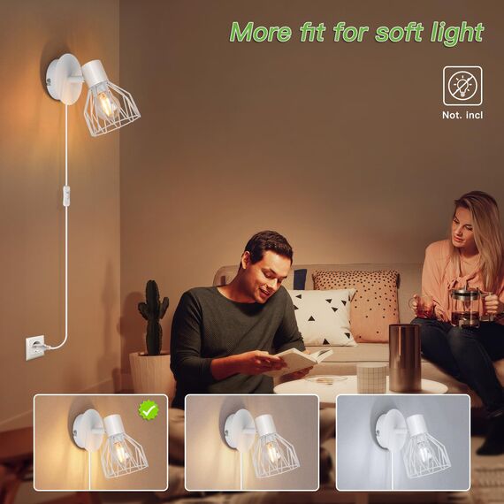 Kimjo Wandlampe mit Schalter und Stecker - E14 Wandlampe mit Stecker Weiß - Schlafzimmer Wandstrahler Innen Wandspot Ohne Leuchtmittel