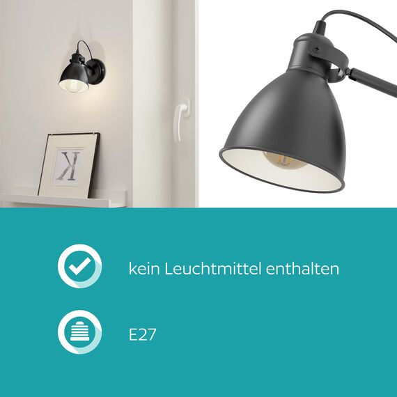 EGLO Wandlampe Priddy, 1 flammige Vintage Wandleuchte im Industrial Design, Retro Wandspot aus Stahl, Farbe: Schwarz, weiß, Fassung: E27