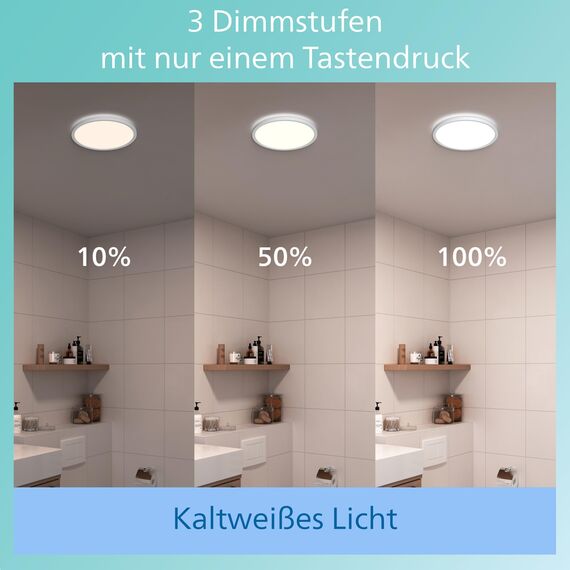 Philips LED Badezimmer Deckenleuchte Superslim (15 W), 3 Lichteinstellungen, kaltweiß Licht, dimmen ohne Dimmer, IP44 Schutz, weiß, 25cm