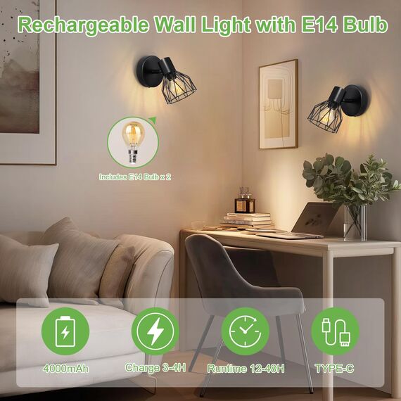 Kimjo E14 Akku Wandleuchte Innen, Schwarz Wiederaufladbare Wandleuchte Ohne Stromanschluss, Dimmbare Batterie Wandlampe mit Glühbirne, Wandstrahler mit Timerfunktion für Schlafzimmer Wohnzimmer Flur