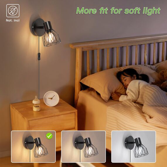 Kimjo Wandlampe mit Schalter und Stecker - Wandleuchte mit Schalter Schwarz Wandlampe mit Stecker Innen Drehbare - E14 Wandstrahler Schlafzimmer Wandlampe Wohnzimmer Wandspot Ohne Leuchtmittel