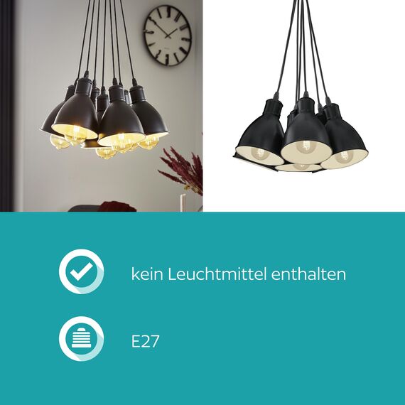 EGLO Pendellampe Priddy, 7 flammige Vintage Pendelleuchte im Industrial Design, Retro Hängelampe aus Stahl, Farbe: Schwarz, weiß, Fassung: E27