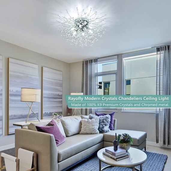 Rayofly Modern Kistall Deckenleuchte Wohnzimmer, Feuerwerk Kristall Deckenlampe Schlafzimmer, 6-Flammige Kistall Kronleuchter, Chrom Dimmbare Pendelleuchte Schlafzimmer, Esszimmer, Flur, Küche