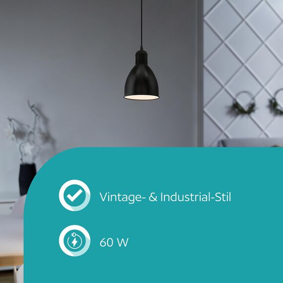 EGLO Pendellampe Priddy, 1 flammige Vintage Pendelleuchte im Industrial Design, Retro Hängelampe aus Stahl, Farbe: Schwarz, weiß, Fassung: E27