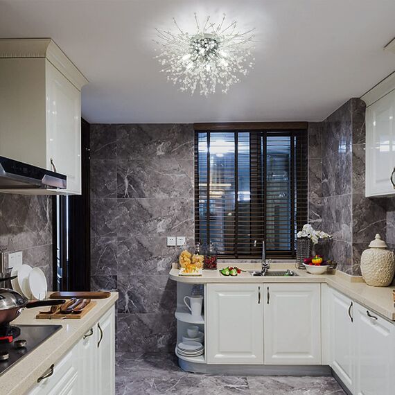 Rayofly Modern Kistall Deckenleuchte Wohnzimmer, Feuerwerk Kristall Deckenlampe Schlafzimmer, 6-Flammige Kistall Kronleuchter, Chrom Dimmbare Pendelleuchte Schlafzimmer, Esszimmer, Flur, Küche