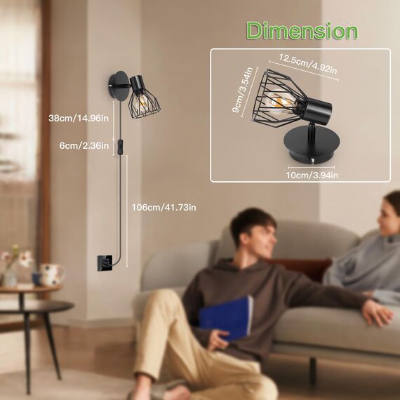 Kimjo Wandlampe mit Schalter und Stecker - Wandleuchte mit Schalter Schwarz Wandlampe mit Stecker Innen Drehbare - E14 Wandstrahler Schlafzimmer Wandlampe Wohnzimmer Wandspot Ohne Leuchtmittel