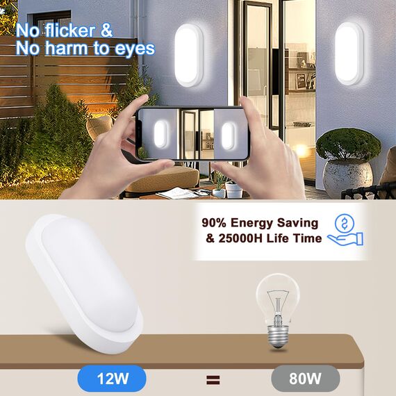 Oraymin 4 Stücke LED Wandleuchte Kellerlampe mit Bewegungsmelder Innen, 12W IP65 LED Wandlampe 1080LM, Feuchtraumleuchte Oval für Diele Garage Flur Balkon Treppe Carport Keller, 4000K, Weiß