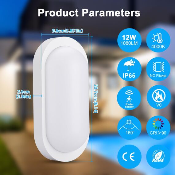 Oraymin 4 Stücke LED Wandleuchte Kellerlampe mit Bewegungsmelder Innen, 12W IP65 LED Wandlampe 1080LM, Feuchtraumleuchte Oval für Diele Garage Flur Balkon Treppe Carport Keller, 4000K, Weiß