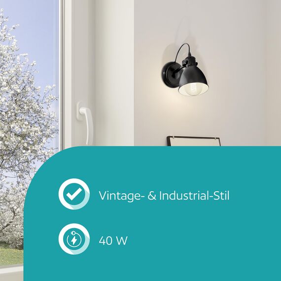 EGLO Wandlampe Priddy, 1 flammige Vintage Wandleuchte im Industrial Design, Retro Wandspot aus Stahl, Farbe: Schwarz, weiß, Fassung: E27