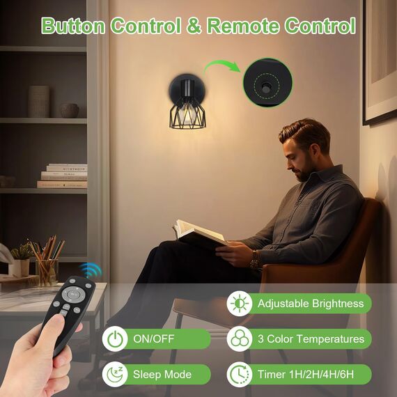 Kimjo E14 Akku Wandleuchte Innen, Schwarz Wiederaufladbare Wandleuchte Ohne Stromanschluss, Dimmbare Batterie Wandlampe mit Glühbirne, Wandstrahler mit Timerfunktion für Schlafzimmer Wohnzimmer Flur