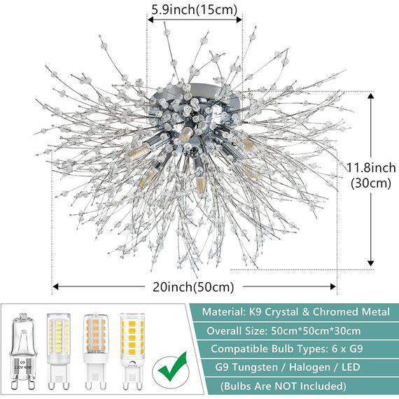 Rayofly Modern Kistall Deckenleuchte Wohnzimmer, Feuerwerk Kristall Deckenlampe Schlafzimmer, 6-Flammige Kistall Kronleuchter, Chrom Dimmbare Pendelleuchte Schlafzimmer, Esszimmer, Flur, Küche